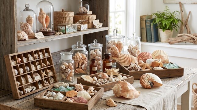 Vintage seashell collection in glass jars and wooden boxes, rustic coastal home decor, nautical marine specimens on a wooden table