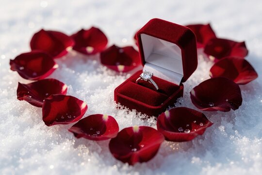 Red velvet ring box with diamond engagement ring sits in white snow. Dark red rose petals form heart shape around jewelry. Romantic winter wedding concept for marriage proposal anniversary