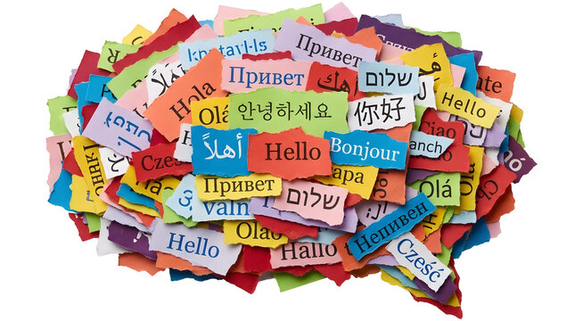 Colorful speech bubble with multilingual greetings on paper cutouts
