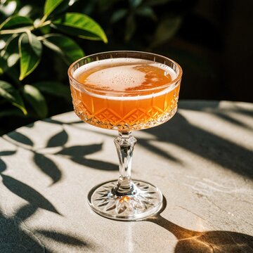 Rabbit Foot cocktail in vintage cut glass coupe on sunlit table. Orange alcoholic drink with foam top sits in ornate crystal glass. Summer brunch setting with green leaves, natural shadows.