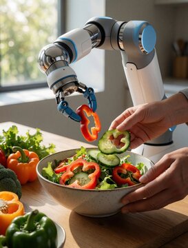 Modern robotic arm helps person prepare fresh salad in kitchen. Cobot gripper holds red pepper slice above large bowl with lettuce, cucumbers. Smart home automation technology assists with healthy