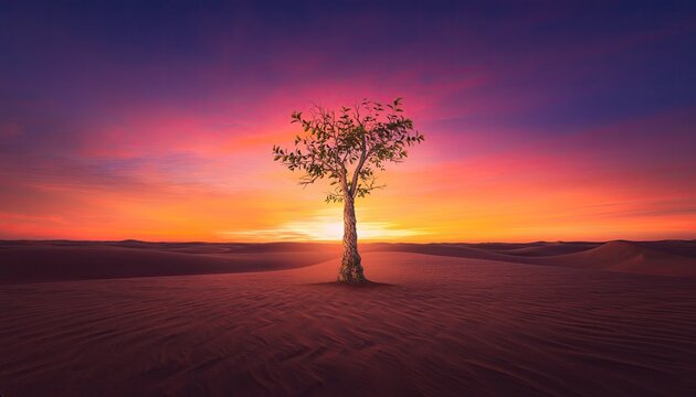 A solitary tree stands resilient in a vast desert landscape at sunset.