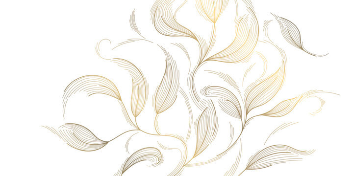 Luxury gold floral pattern with elegant golden line leaves, flowers, Art Deco ornament. Nouveau fancy wallpaper, abstract background, graphic design, botanical print, japanese design.
