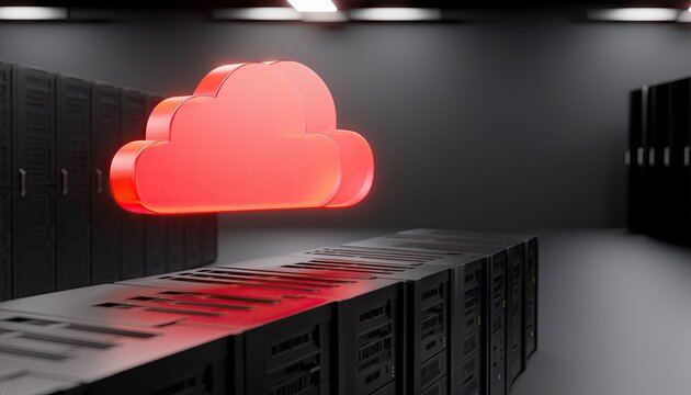 A stylized red cloud icon hovers above a row of server racks in a dimly lit data center.