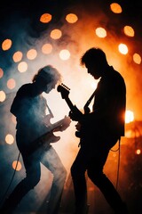 Plakat Two guitarists play electric instruments on stage during live concert. Silhouettes of musicians perform amid orange bokeh lights, smoke haze. Energetic rock band show with bright stage lighting, warm
