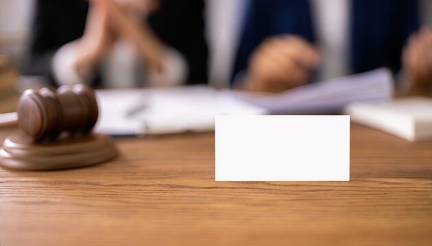 A gavel rests on a wooden table in front of a blank white business card and blurred figures in a courtroom.