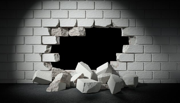A hole is broken through a white brick wall, with rubble scattered on the floor.
