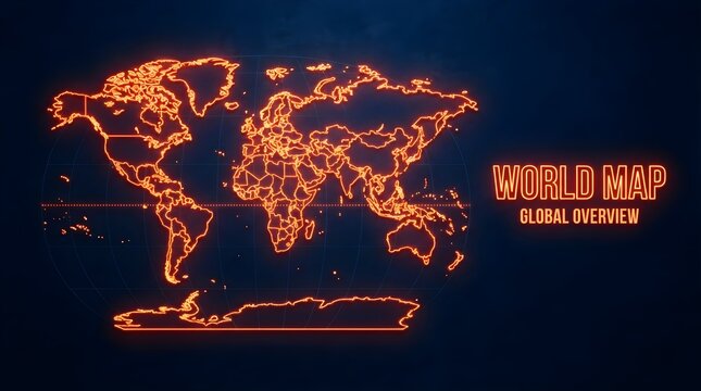 Glowing orange neon world map graphic showcasing continents countries international borders longitude latitude grids and typographic global overview text elements against dark blue background