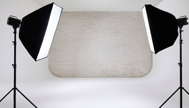 A photography studio setup with softbox lights and a brick backdrop.