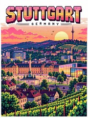 Naklejka premium Stuttgart neon pixel art travel poster shows the German city skyline, vineyards, and historic architecture beneath a vivid sunset.