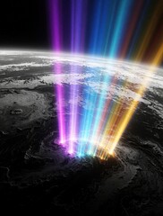 Fototapeta premium Vibrant rainbow light beams pierce through dark atmosphere onto Earth surface. Colorful glowing rays shine down on textured planet landscape from space. Dramatic celestial light show creates bright