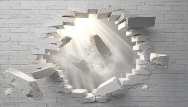 A white brick wall is broken through, revealing bright light and falling debris.