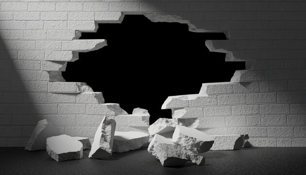 A hole is broken through a white brick wall, with debris scattered on the floor.