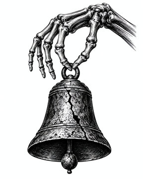 Skeleton hand holding a cracked bell engraving illustration