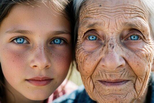 Close up portrait of young girl, elderly woman with bright blue eyes. Granddaughter, grandmother share emotional connection. Faces show skin texture, freckles, wrinkles. Two generations look at
