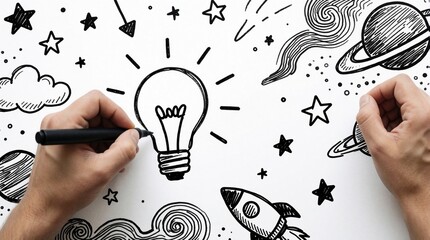 Fototapeta premium Designer hands draw creative doodle art on white paper. Sketching light bulb, stars, planets, rockets with black marker. Concept of new idea, space exploration, imagination, innovation, business