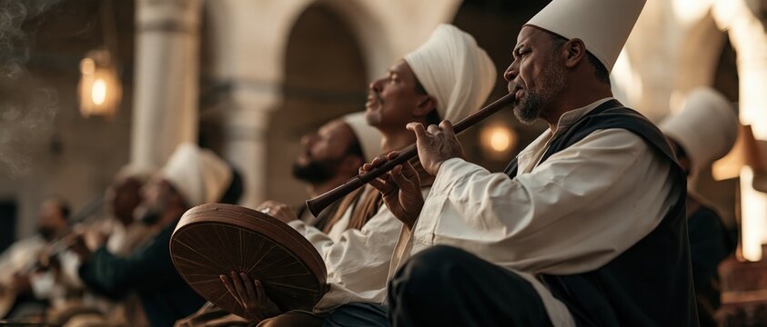 Spiritual devotion meets ancient artistry as robed Sufi musicians perform traditional whirling ceremony music. Ney flute and daf drum fill a warmly lit stone hall with sacred sound.