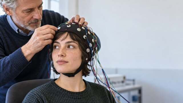 Researcher Adjusting an Electrode Cap on a Volunteer in a Bright Laboratory