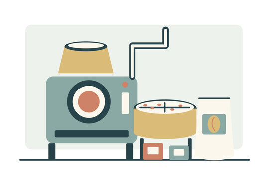 Small coffee roastery with roasting machine cooling tray and coffee bean sack