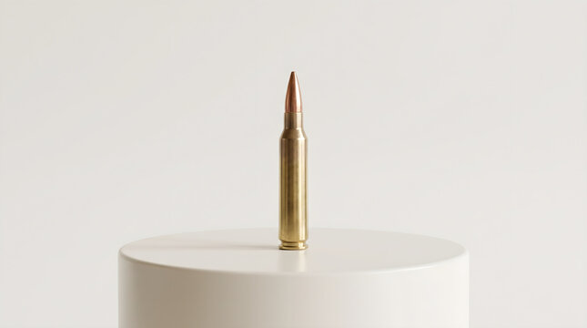 A single brass 5.56 ammo cartridge standing upright on a clean white pedestal surface against a bright background