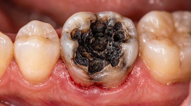 Black tooth decay cavity in gum