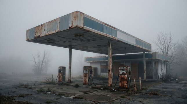 Dilapidated gas station with rusted pumps standing in dense fog. Abandoned fuel infrastructure representing the shift toward electric mobility.