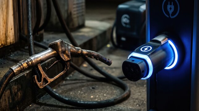 Rusty fuel nozzle sits beside a modern glowing electric vehicle charger. The scene depicts the shift from fossil fuels to clean energy.