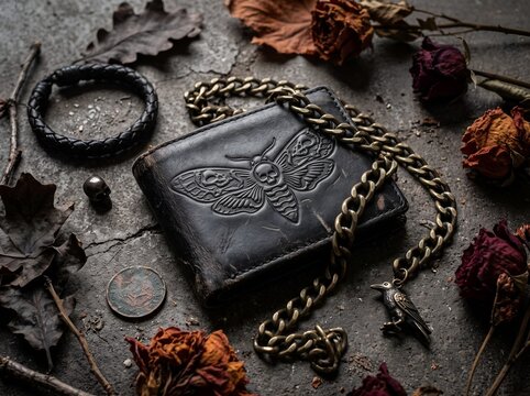 Gothic black leather wallet with death moth skull embossed, chain and dried roses, dark grunge flat lay