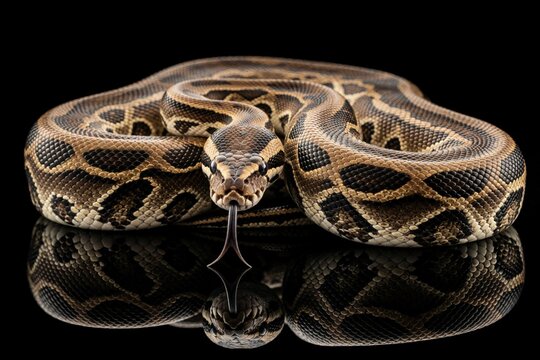 Burmese python snake with brown pattern rests on black surface. Large nonvenomous reptile shows head, flicking tongue in closeup macro shot. Exotic pet predator looks forward with intense gaze. Scaly