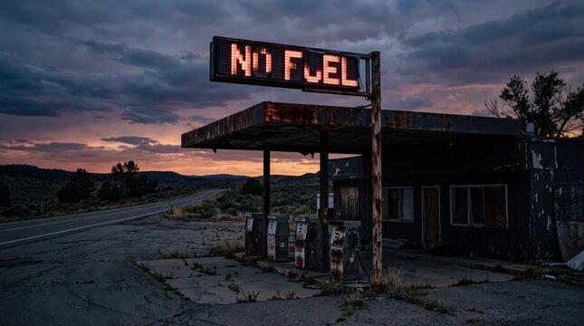 Dilapidated gas station with glowing no fuel sign at dusk. Abandoned petroleum infrastructure symbolizes the shift toward electric mobility.