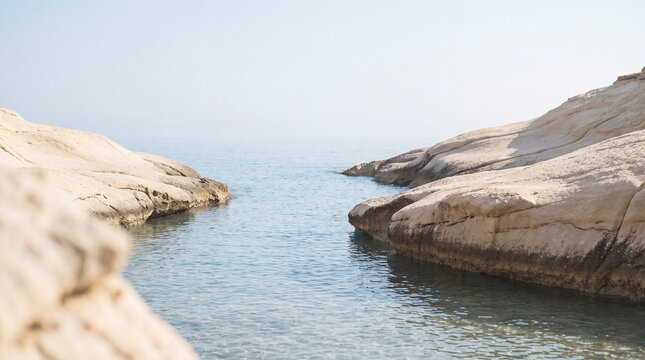 Calm turquoise sea flowing between white limestone rock formations on a hazy morning