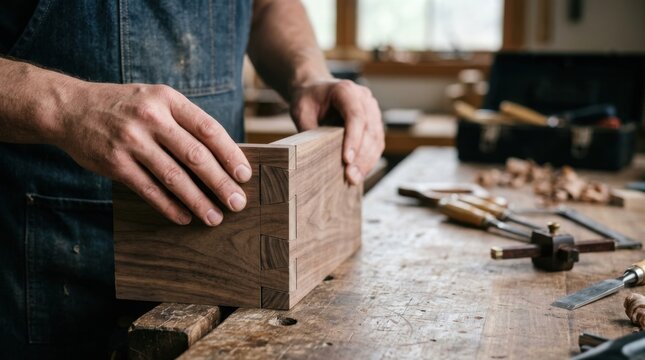 Skilled hands join dovetail wooden box in workshop