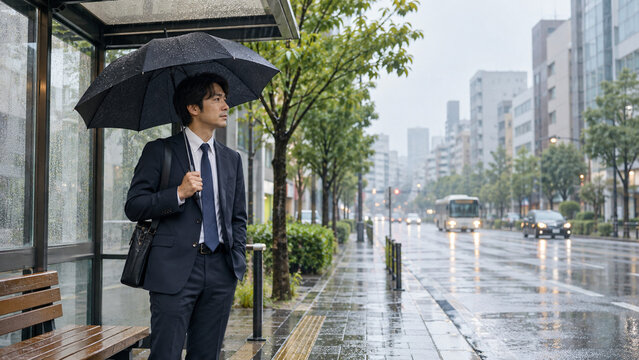 雨の日にバス停で待つ日本人のビジネスマン
