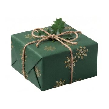 A beautifully wrapped christmas gift box with geometric patterned paper, tied with a ribbon bow.   