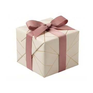 A beautifully wrapped christmas gift box with geometric patterned paper, tied with a ribbon bow.   