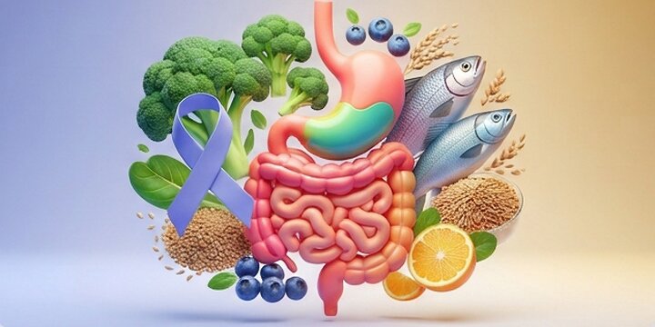 3D vector illustration of human digestive system with healthy foods, broccoli, fish, berries, citrus, and blue ribbon promoting gut health, nutrition, Crohn's, Colitis, and IBD awareness.