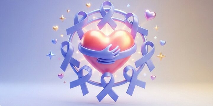 A 3D vector illustration featuring a warm heart in a supportive embrace, encircled by periwinkle ribbons symbolizing Stomach Cancer Awareness Month, hope, care, and oncology support.
