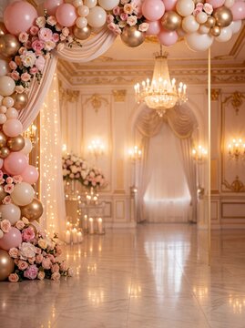 Luxury Elegant Ballroom Wedding Background with Balloon Arch, Blush Floral Garland, Chandelier, and Copy Space