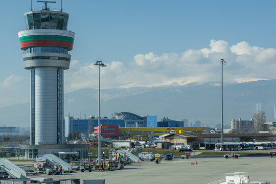 Air traffic control tower and ground support equipment at Sofia International Airport, Bulgaria. 25.03.2026