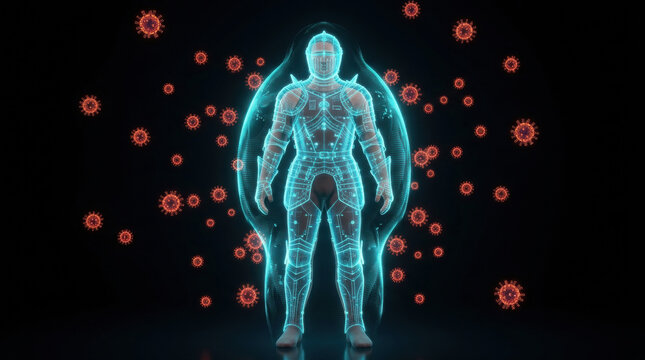 Human Virus Protection Immunity Digital Shield Vaccine Research Defense Technology Medical Science Health Infection Body Concept Illustration