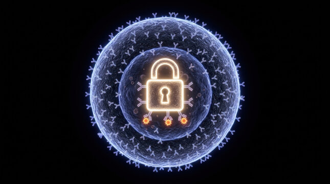 Vaccine research concept showing immune cell protection with lock symbol representing security and defense against virus infection medical science