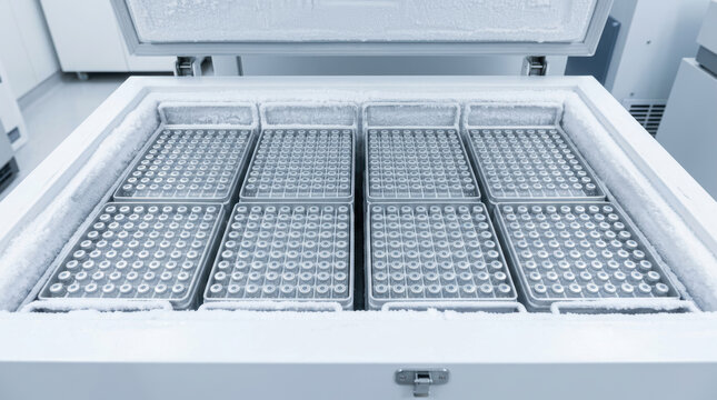 Frozen vaccine vials stored in laboratory freezer for research and development ensuring safe and effective medical solutions