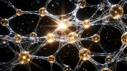 Fototapeta premium Abstract digital mesh with glowing golden spheres connected by bright fluid lines. High tech network pattern features luminous nodes, sparkling particles in dark space. Concept of artificial