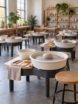 Empty pottery classroom with prepared wheels and plain tools for students