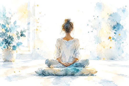 Meditating on a cushion, watercolor illustration