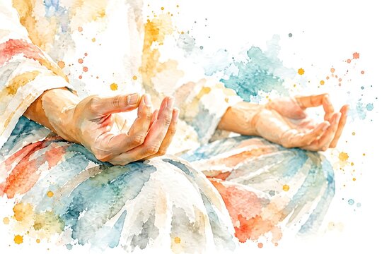 Hands resting in meditation, watercolor illustration
