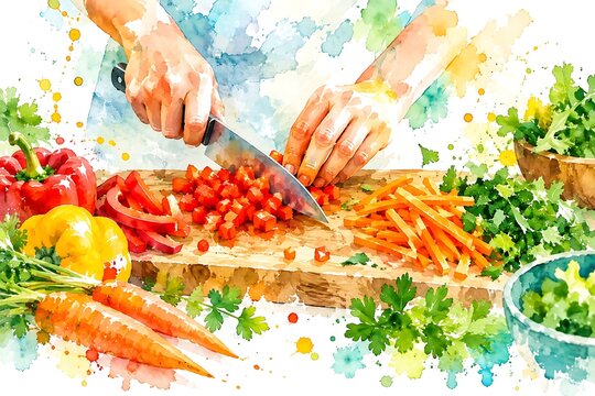 Chopping fresh vegetables, watercolor illustration