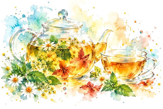 Glass teapot of herbal infusion, watercolor illustration