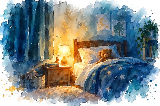 Tidy bedroom made up for sleep, watercolor illustration