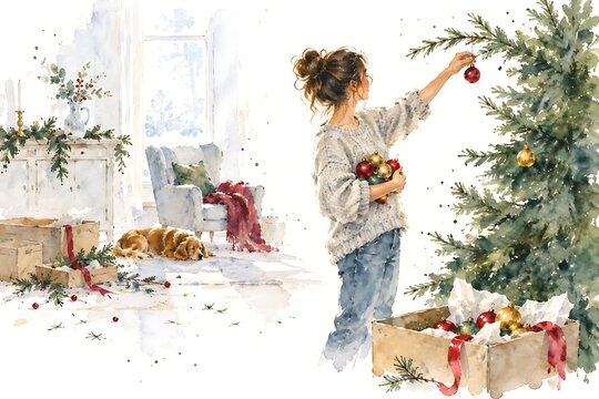 Taking down the decorations, watercolor illustration